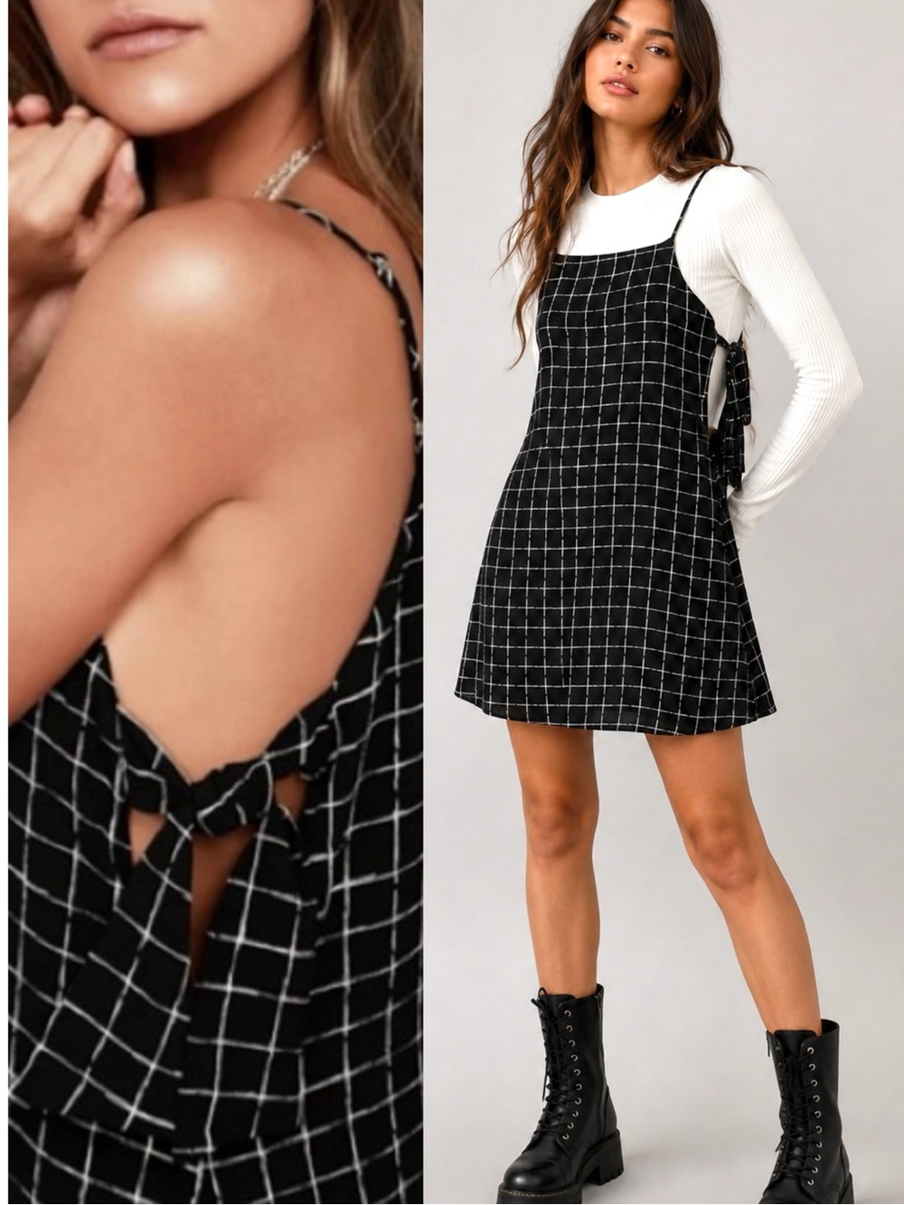 Lulus Points Black Grid Swing Dress Size XS Plaid Apron Overall Pinafore Y2K